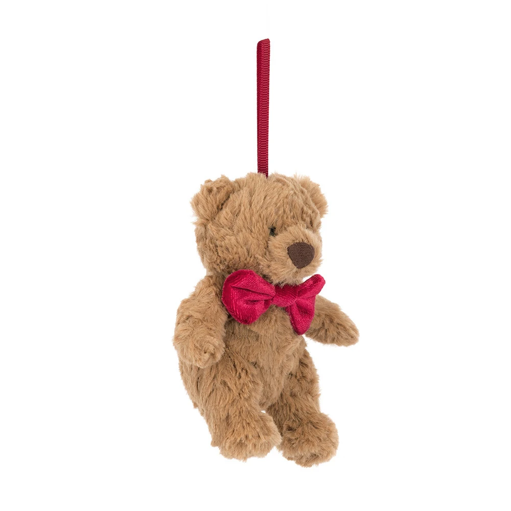 jellycat-bartholomew-bear-tree-decoration-front Front view of Jellycat Bartholomew Bear Tree Decoration, showing the soft brown bear with a red bow tie and hanging loop.