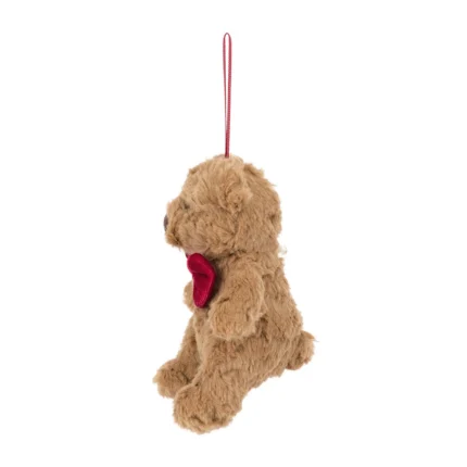 Side view of Jellycat Bartholomew Bear Tree Decoration, highlighting the bear’s profile, plush texture, and festive bow tie.