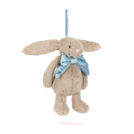 Front view of Jellycat Bashful Beige Bunny Decoration, featuring its soft beige fur, long ears, and blue bow.