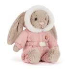 Front view of Jellycat Bashful Bunny 'Snow Suit', showing her cosy pink snowsuit with fluffy hood and embroidered igloo badge.