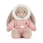 Alternative front view of Jellycat Bashful Bunny 'Snow Suit', with a clear look at her friendly face and pastel pink winter outfit.