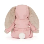 Rear view of Jellycat Bashful Bunny 'Snow Suit', showing both ears hanging down and her soft white pompom tail peeking from her snowsuit.