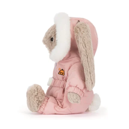 Side view of Jellycat Bashful Bunny 'Snow Suit', highlighting her long floppy ear, profile, and snug fit of her padded outfit.