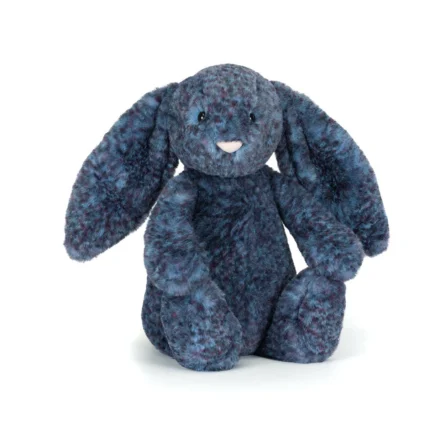 Front view of Jellycat Bashful Hopscone Luxe Bunny, with mottled blue and purple fur, a pink nose, and floppy ears.