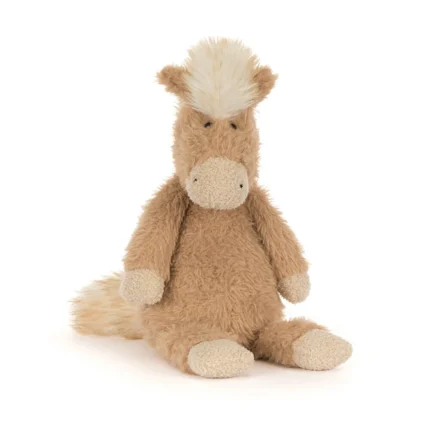 Front view of Jellycat Canterneigh Pony, with tousled brown fur, a fluffy cream mane, and a curious expression.