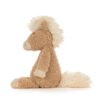 Side view of Jellycat Canterneigh Pony, showing its upright posture, neat tail, and fuzzy two-tone hooves.