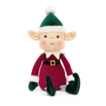 Front view of Jellycat Eldo Elf, featuring rosy cheeks, a red velvet outfit, and a green Christmas hat with a pom-pom.