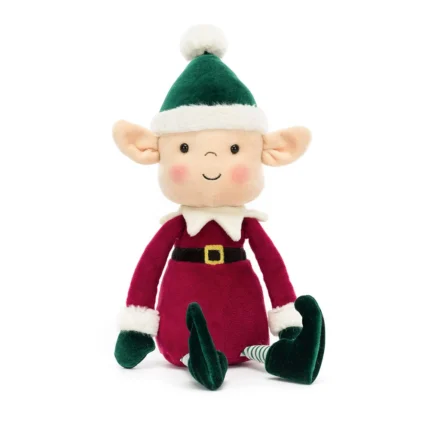Front view of Jellycat Eldo Elf, featuring rosy cheeks, a red velvet outfit, and a green Christmas hat with a pom-pom.