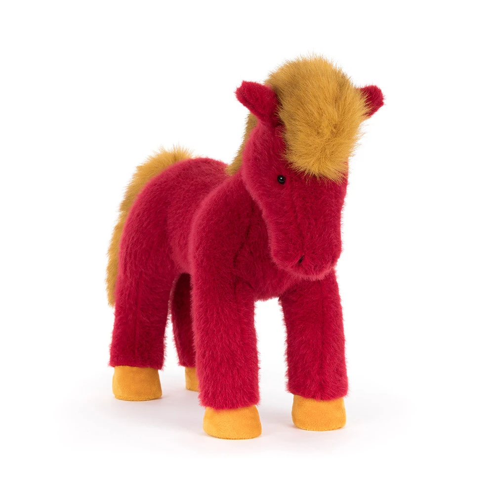 jellycat-festival-horse-front Front view of Jellycat Festival Horse, featuring bright red fur, a golden mane, and yellow hooves.