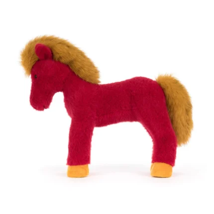 Side view of Jellycat Festival Horse, showcasing its standing pose, fluffy tail, and bold colour contrast.