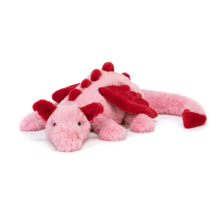 Front view of Jellycat Heart Dragon, showing off its pink plush fur, deep red wings and ears, and gentle expression.