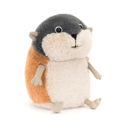 Front view of Jellycat Lambeth Lemming, sitting upright with wide eyes, a round cream tummy, and orange-brown sides.