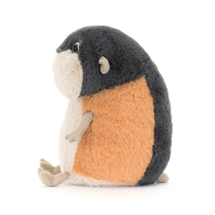 Side view of Jellycat Lambeth Lemming, showcasing the charcoal grey head and back with neat flipper-like limbs.