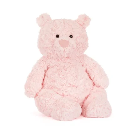 Front view of the large Jellycat Leola Bear, a soft and cuddly pink teddy with curly fur and a gentle expression.