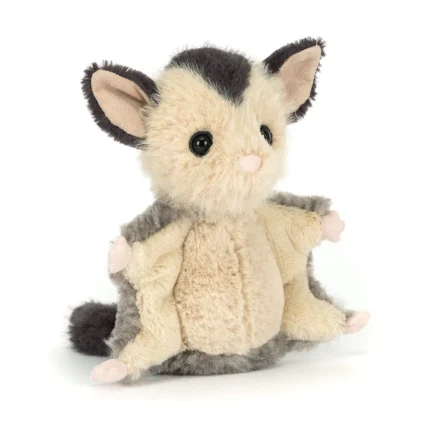 Front view of Jellycat Lolly Sugar Glider, with cream and grey fur, wide gliding arms, and big curious eyes.