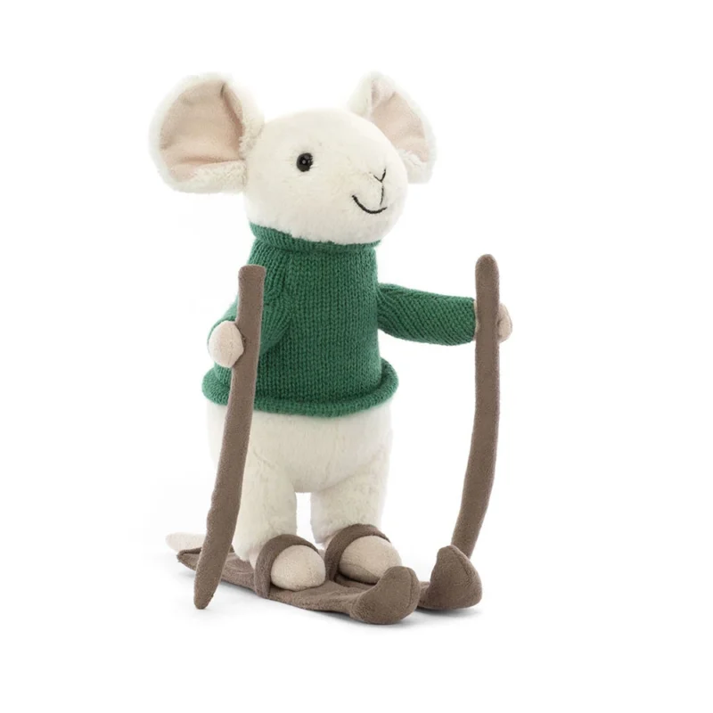 Front view of Jellycat Merry Mouse Skiing, showing his cream fur, green jumper, and plush brown skis with poles.