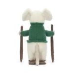 Rear view of Jellycat Merry Mouse Skiing, with his green jumper, long tail, and brown plush skis clearly visible.