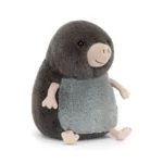 Front view of Jellycat Muswell Mole, featuring a rounded body, soft dark fur, and a friendly beige snout with stitched smile.