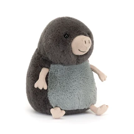 Front view of Jellycat Muswell Mole, featuring a rounded body, soft dark fur, and a friendly beige snout with stitched smile.