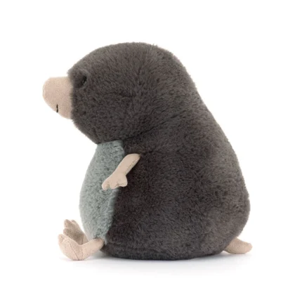 Side view of Jellycat Muswell Mole, highlighting the domed back, profile of the snout, and relaxed limb position.