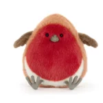 Alternative front view of Jellycat Plum Robin, seated upright with her vivid red chest and cream belly on show.