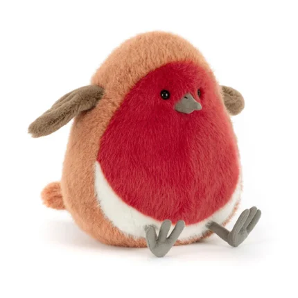 Front view of Jellycat Plum Robin, showing her round red tummy, soft brown wings, and grey feet.