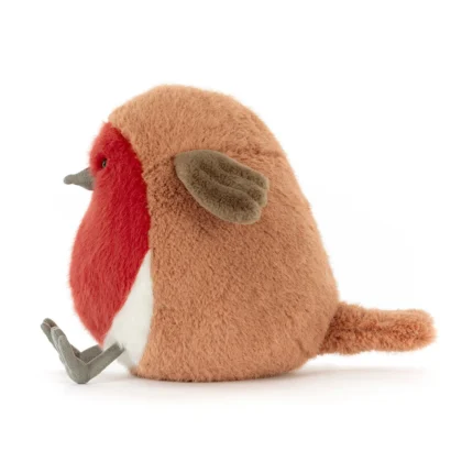 Side view of Jellycat Plum Robin, highlighting her russet back, red chest, and little tail.