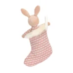 Rear view of Jellycat Shimmer Stocking Bunny, featuring her upright ears and glitter-striped stocking with visible hanging loop.