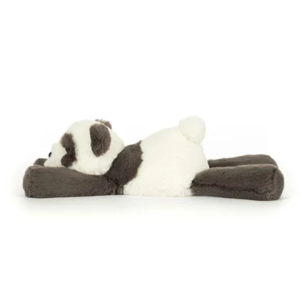 Side view of Jellycat Smudge Panda, highlighting her long, flopped-out pose and classic panda markings.