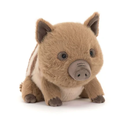 Front view of Jellycat Swinley Boar, featuring fuzzy brown fur, a soft beige snout, and upright ears with charcoal tips.