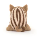 Rear view of Jellycat Swinley Boar, showcasing the striped back pattern and coiled tail detail.