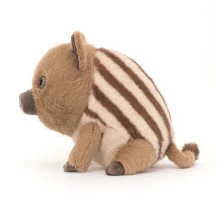 Side view of Jellycat Swinley Boar, displaying the signature cream and brown stripes along the back and curled tail.