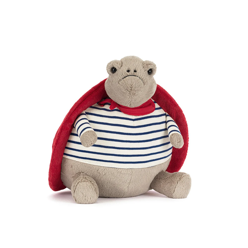 jellycat-timmy-turtle-romantic-outfit-front Front view of Jellycat Timmy Turtle Romantic Outfit, wearing a striped top and red heart-stitched shell with a matching neckerchief.