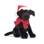 Front view of Jellycat Winter Warmer Pippa Labrador, wearing a red bow and Santa hat with soft black fur.