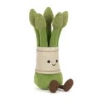 Front view of Jellycat Amuseable Asparagus with soft green stalks, stitched tips, and smiling face.