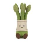 Alternative front view of Jellycat Amuseable Asparagus with happy expression and neatly bundled spears.