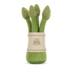Rear view of Jellycat Amuseable Asparagus displaying green stalks and embroidered Jellycat logo.