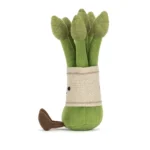 Side view of Jellycat Amuseable Asparagus showing cordy brown legs and canvas-style wrap.