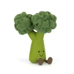 Front view of Jellycat Amuseable Broccoli with smiling face, green plush stalk, and textured fluffy florets.