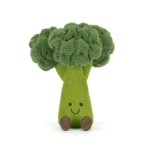 Alternative front view of Jellycat Amuseable Broccoli with smiling face, plush body, and cordy brown feet.