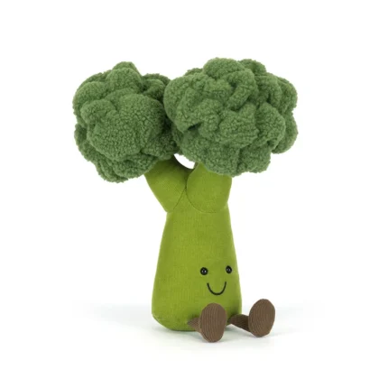 Front view of Jellycat Amuseable Broccoli with smiling face, green plush stalk, and textured fluffy florets.