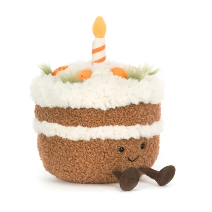 Front view of Jellycat Amuseable Carrot Cake with candle and smiling face.