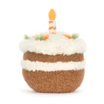 Rear view of Jellycat Amuseable Carrot Cake plush toy with soft textured surface.