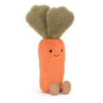 Front view of Jellycat Amuseable Carrot showing soft orange plush body, smiling face, and fluffy green leaves.