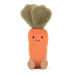 Alternative front view of Jellycat Amuseable Carrot with smiling face, cordy feet, and fluffy green leaves.