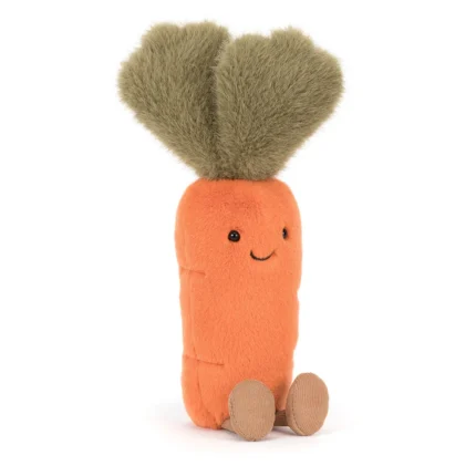 Front view of Jellycat Amuseable Carrot showing soft orange plush body, smiling face, and fluffy green leaves.