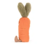 Side view of Jellycat Amuseable Carrot highlighting the textured plush body and leafy green top.