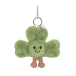 Alternative front view of Jellycat Amuseable Siofra Shamrock Bag Charm highlighting smiling face, leafy texture, and keyring attachment.
