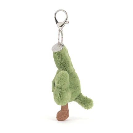Side profile of Jellycat Amuseable Siofra Shamrock Bag Charm with visible depth, silver clasp, and brown cordy feet.
