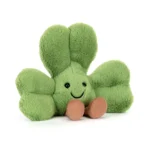 Front view of Jellycat Amuseable Siofra Shamrock with four soft green plush leaves, smiling face, and brown cordy legs.